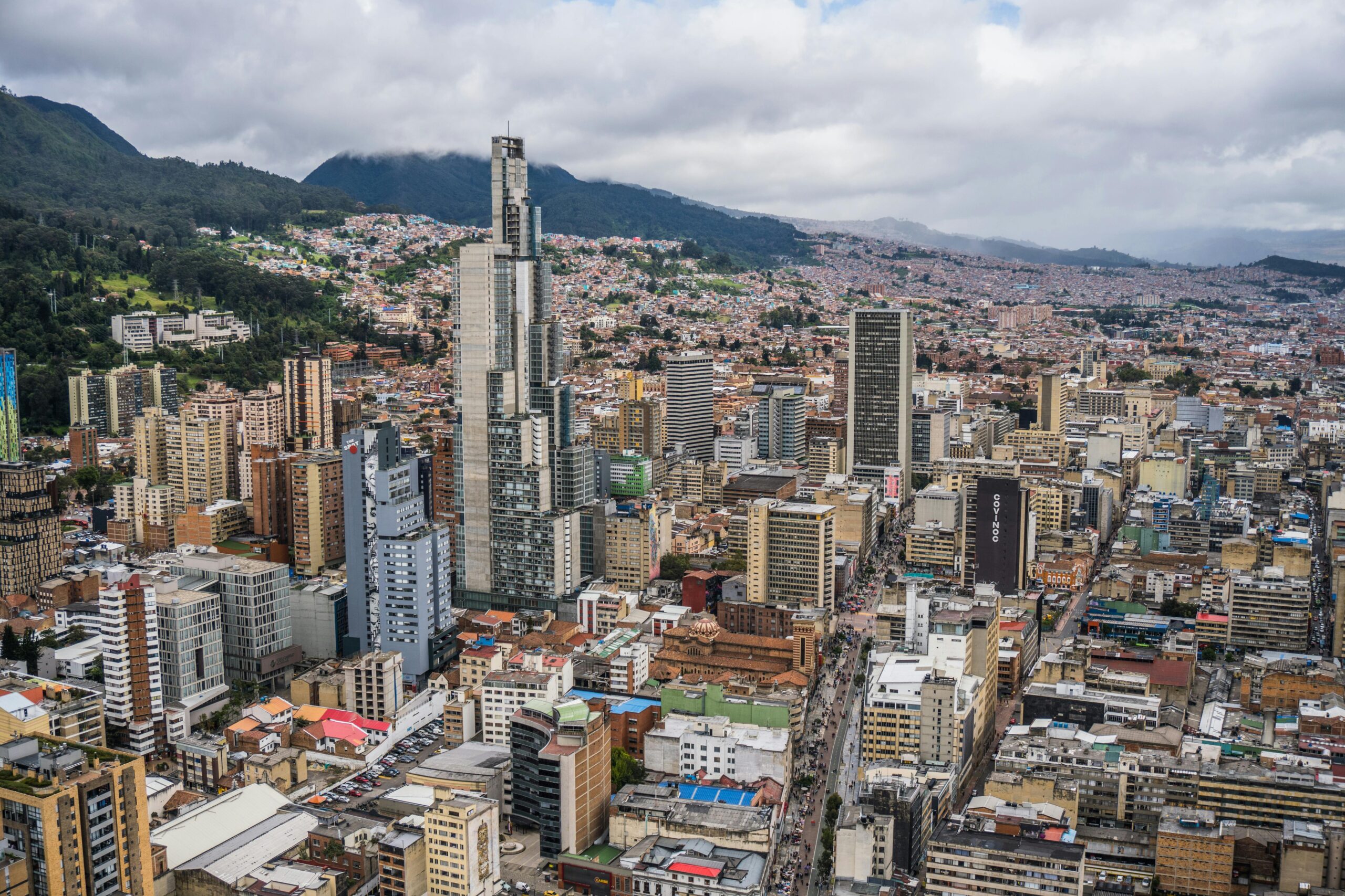 Aerial view of downtown Bogotá, Colombia showcasing modern skyscrapers and urban layout.